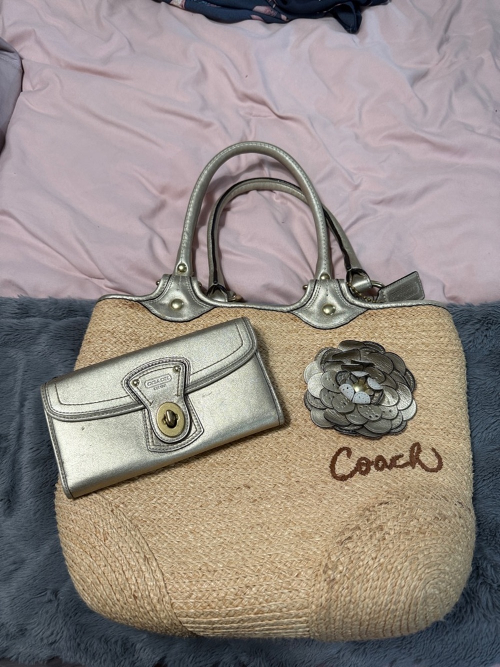 Coach Straw Tote with Metallic Silver Trim and Matching Wallet